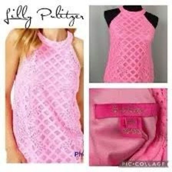NEW Lilly Pulitzer Rayanne Halter Top Sz L Pelican Pink Pineapple Geo Lace - Picture 1 of 11